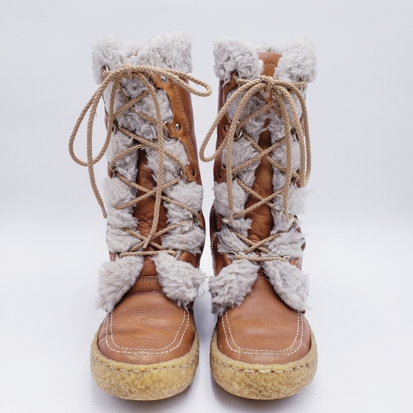 Vintage Cabela's Mid-Calf Shearling Lined Brown Leather Chunky Heel Boots Size 7 - Picture 3 of 10